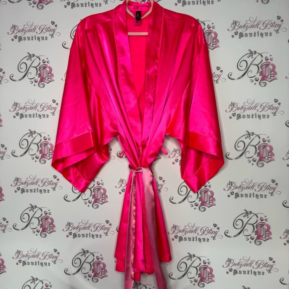 La senza robe kimono lightweight silky satiny neon pink with waist tie - Picture 8 of 12